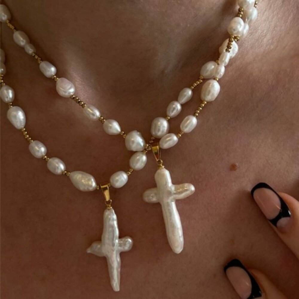 Delicate Baroque Pearl Cross Necklace for Women Shell Necklace Retro